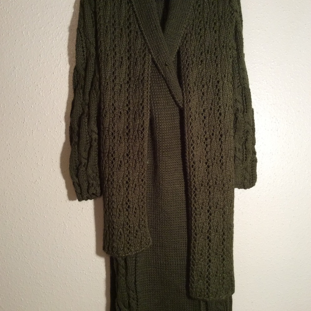 New Dark Olive Knitted Coat Cardigan Scarf Handmade Set of 2